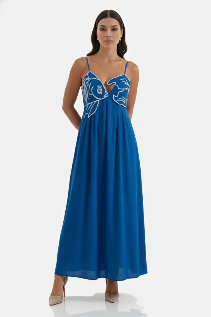 Summer Linen Dress Embroidered Fish Bodice A-Line with Spaghetti Straps