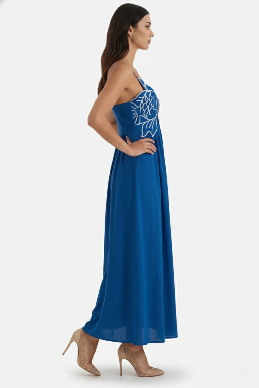 Summer Linen Dress Embroidered Fish Bodice A-Line with Spaghetti Straps