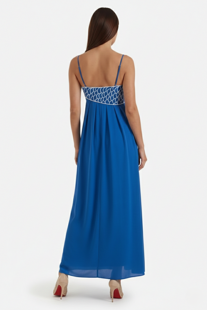 Summer Linen Dress Embroidered Fish Bodice A-Line with Spaghetti Straps