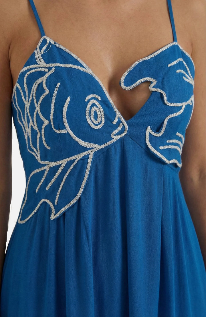 Summer Linen Dress Embroidered Fish Bodice A-Line with Spaghetti Straps