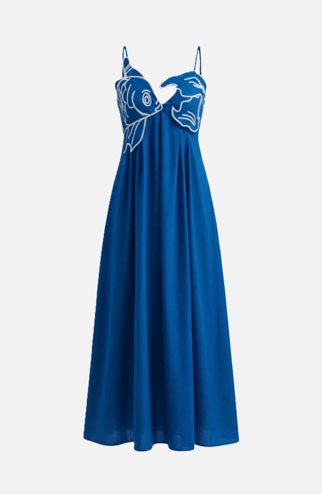 Summer Linen Dress Embroidered Fish Bodice A-Line with Spaghetti Straps
