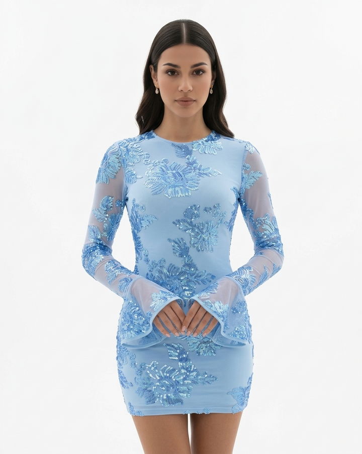 Floral Mesh Mini Dress Long Sleeve Open Back Flared Cuff