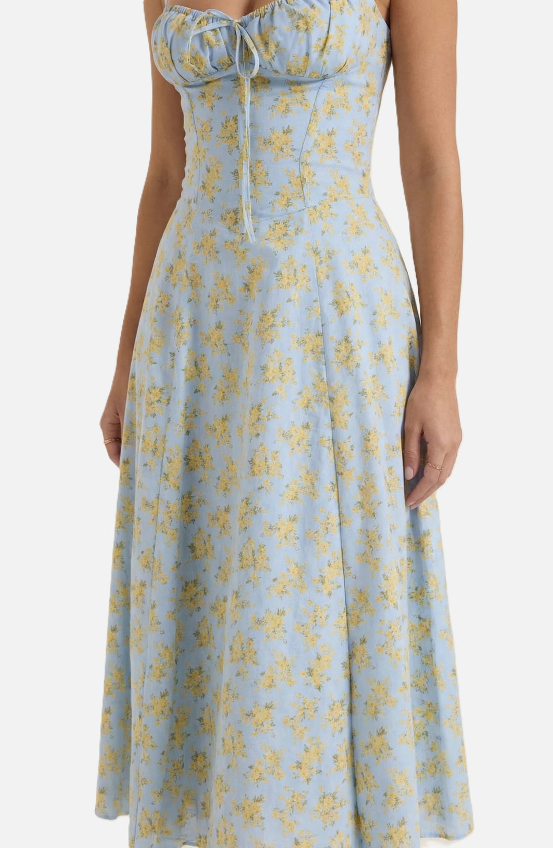 Midi Sundress Floral Print Ruched Bust Tie Front A-Line Skirt