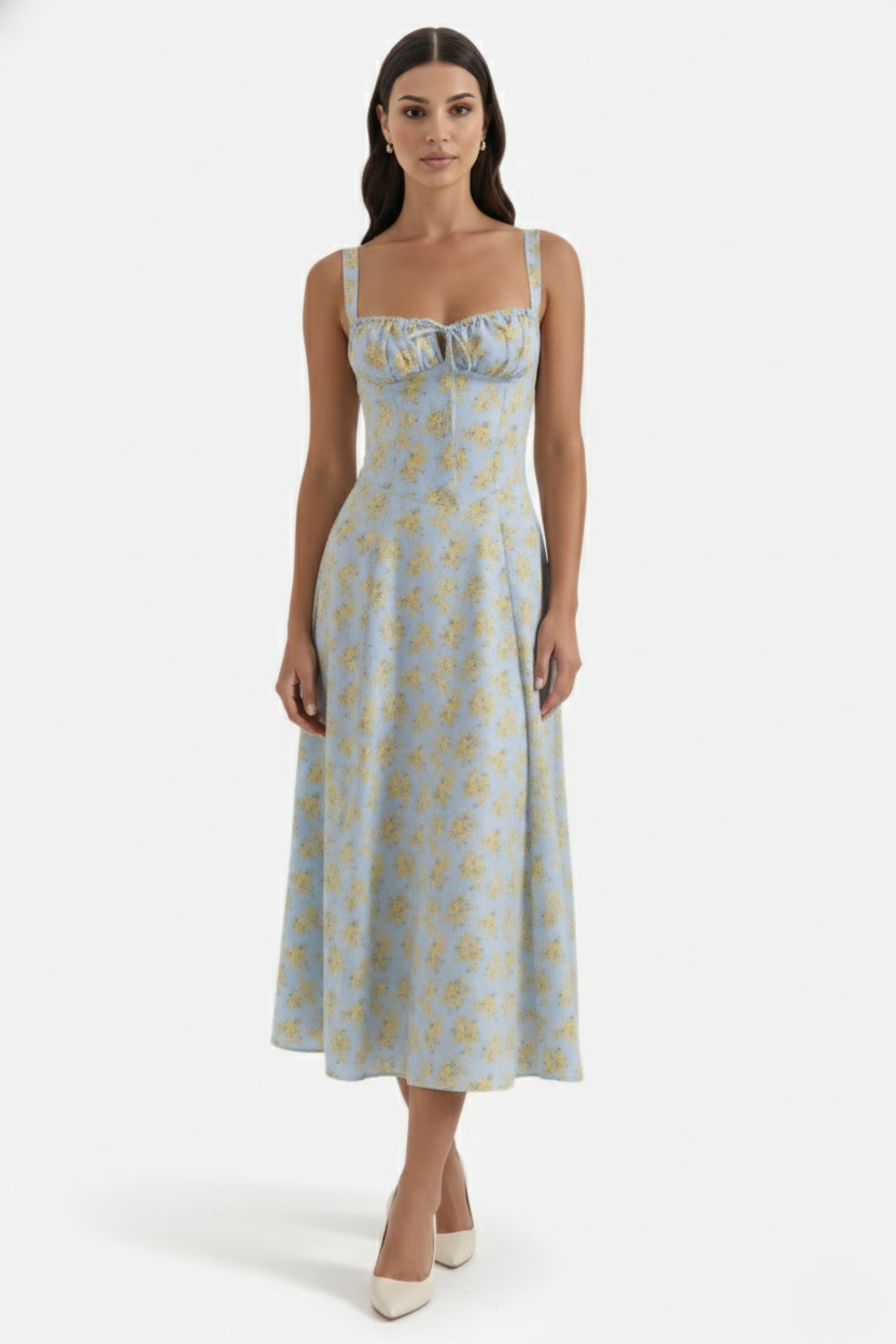 Midi Sundress Floral Print Ruched Bust Tie Front A-Line Skirt