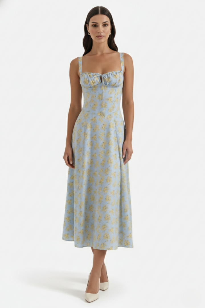 Midi Sundress Floral Print Ruched Bust Tie Front A-Line Skirt