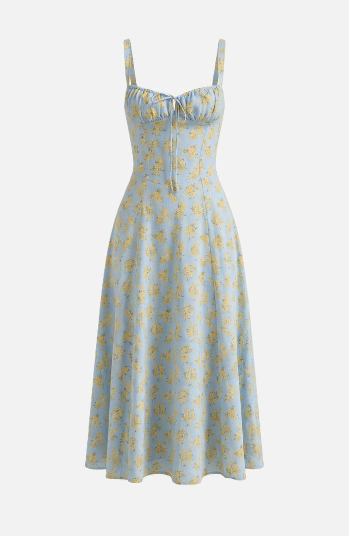Midi Sundress Floral Print Ruched Bust Tie Front A-Line Skirt