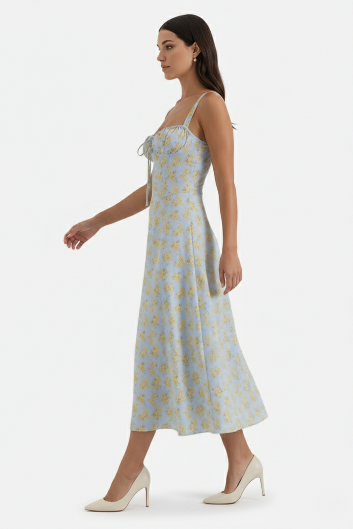 Midi Sundress Floral Print Ruched Bust Tie Front A-Line Skirt