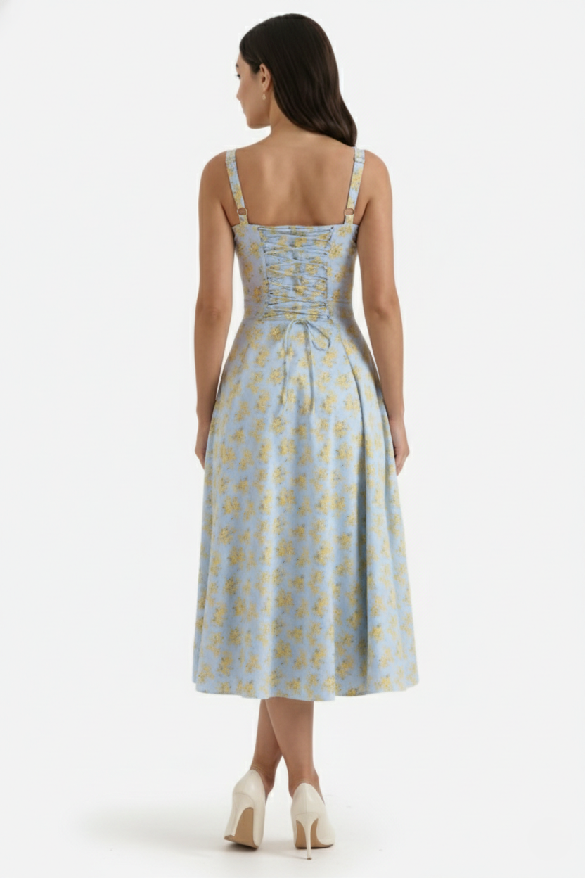 Midi Sundress Floral Print Ruched Bust Tie Front A-Line Skirt