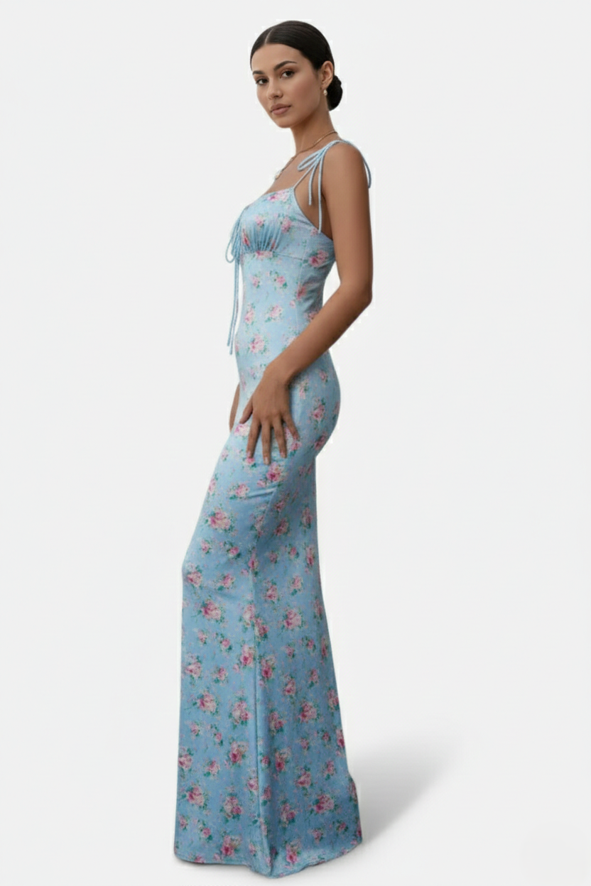 Floral Spaghetti Strap Bodycon Mermaid Maxi Dress Ruched Bodice
