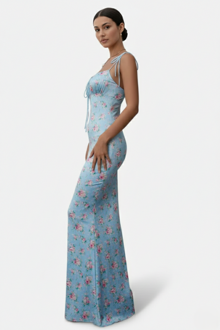 Floral Spaghetti Strap Bodycon Mermaid Maxi Dress Ruched Bodice