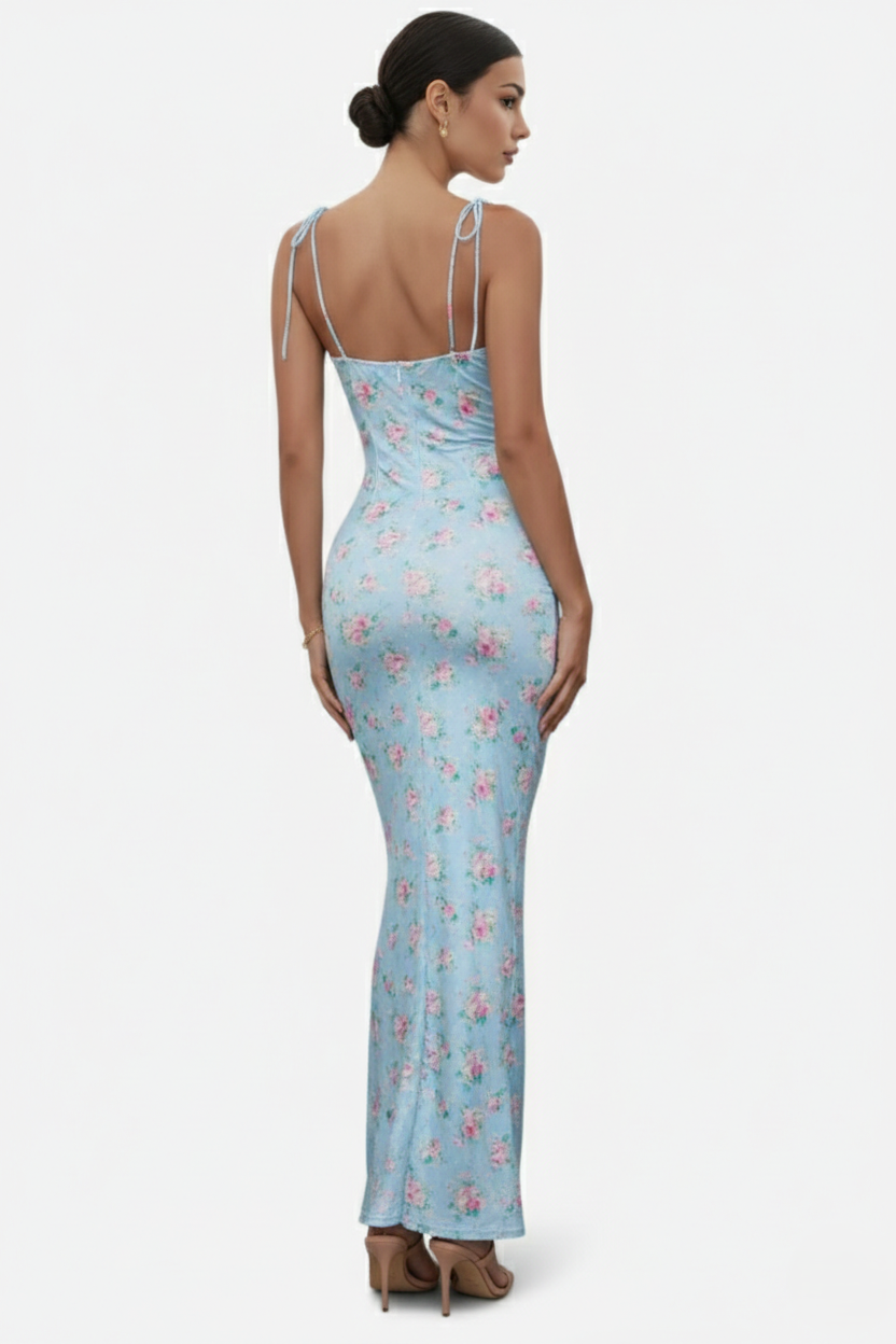 Floral Spaghetti Strap Bodycon Mermaid Maxi Dress Ruched Bodice