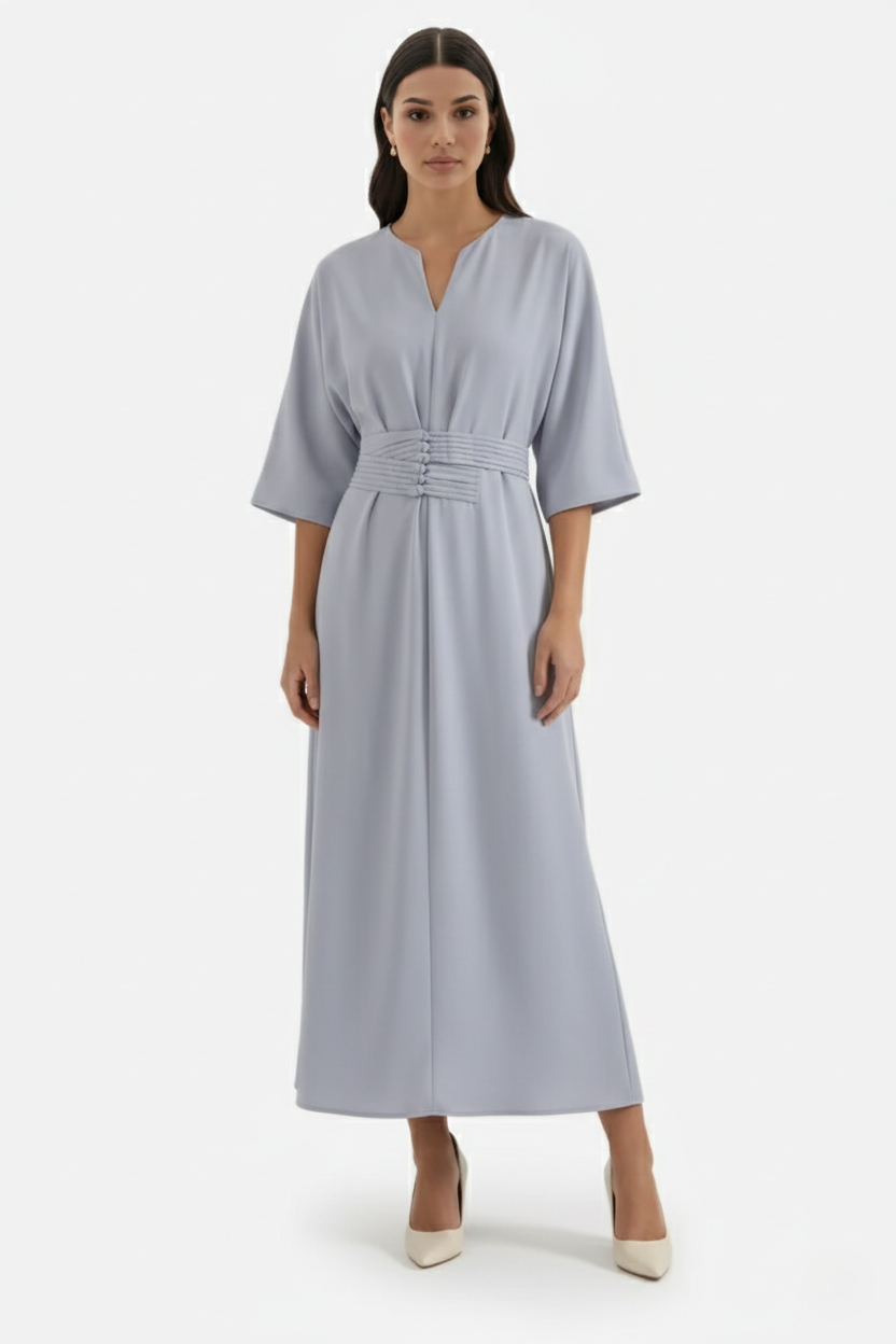 Kaftan Dress with Split Neckline and Pleated Cinch Waist