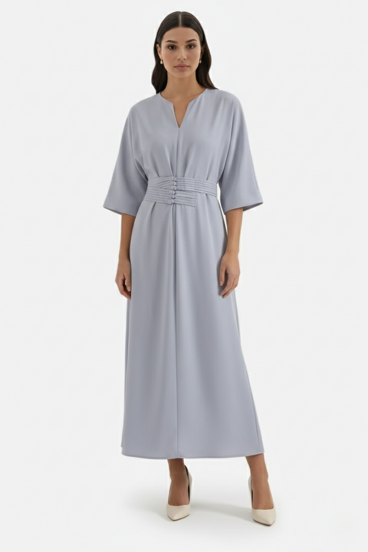 Kaftan Dress with Split Neckline and Pleated Cinch Waist