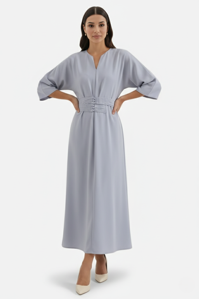 Kaftan Dress with Split Neckline and Pleated Cinch Waist