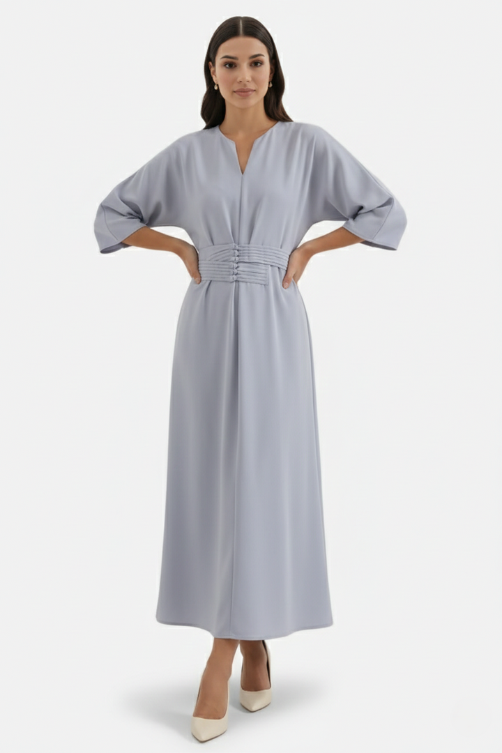 Kaftan Dress with Split Neckline and Pleated Cinch Waist
