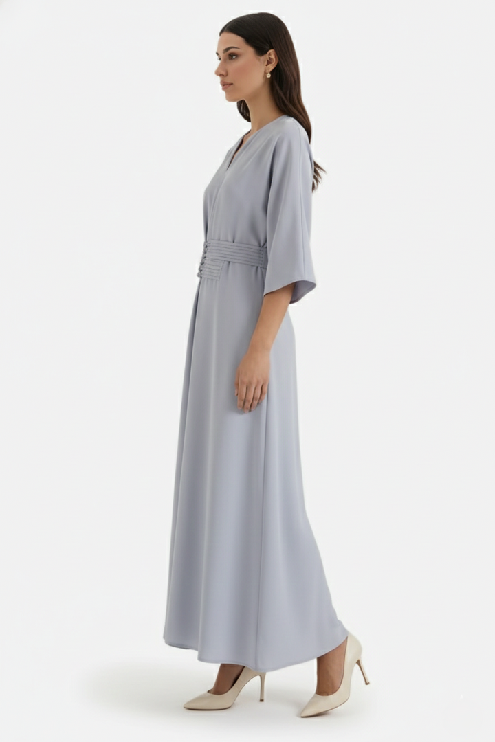 Kaftan Dress with Split Neckline and Pleated Cinch Waist