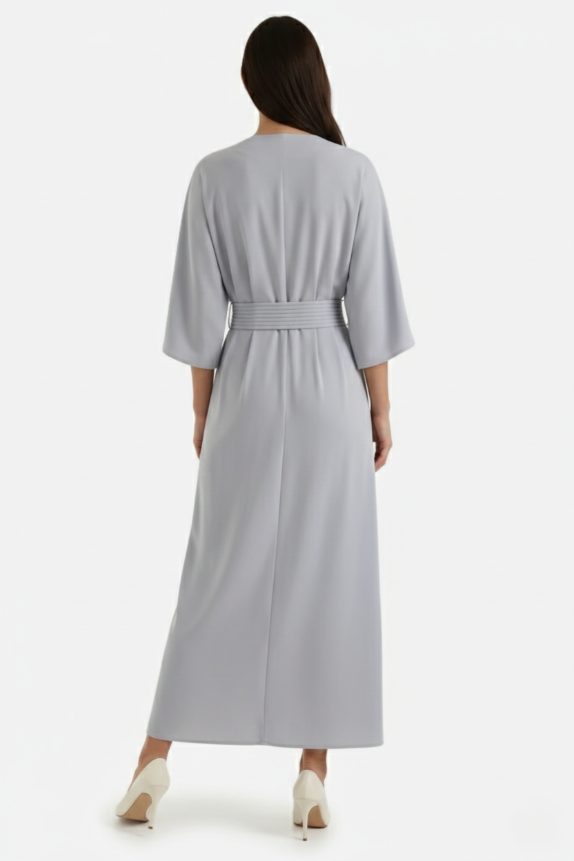 Kaftan Dress with Split Neckline and Pleated Cinch Waist