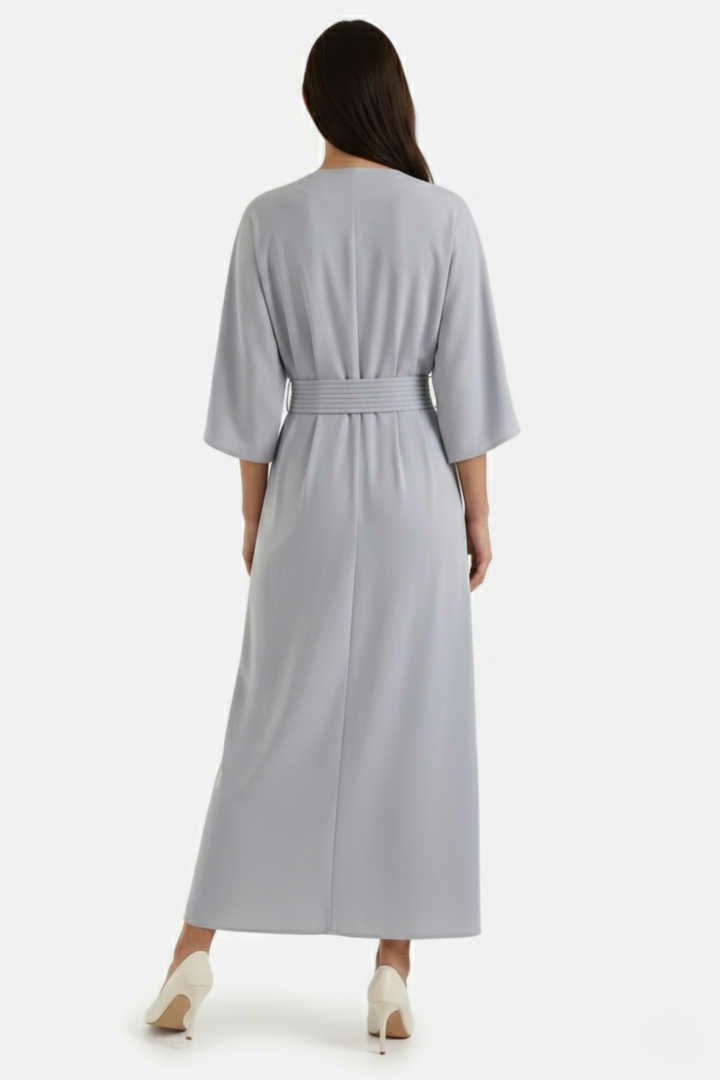 Kaftan Dress with Split Neckline and Pleated Cinch Waist