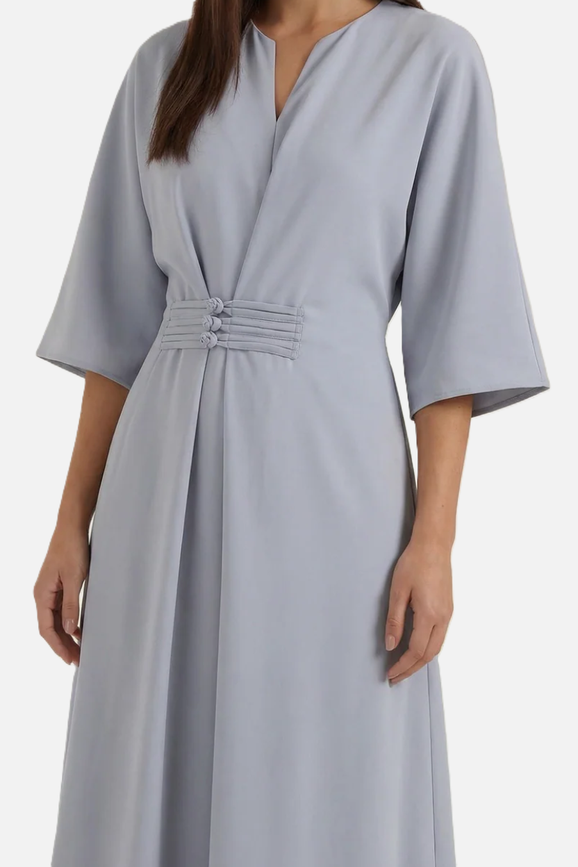 Kaftan Dress with Split Neckline and Pleated Cinch Waist