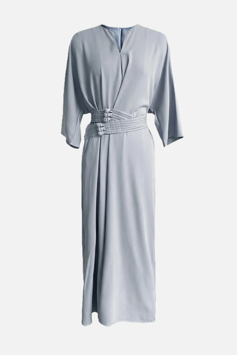 Kaftan Dress with Split Neckline and Pleated Cinch Waist