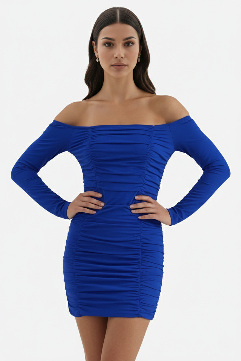 Ruched Off-Shoulder Long Sleeve Bodycon Mini Dress