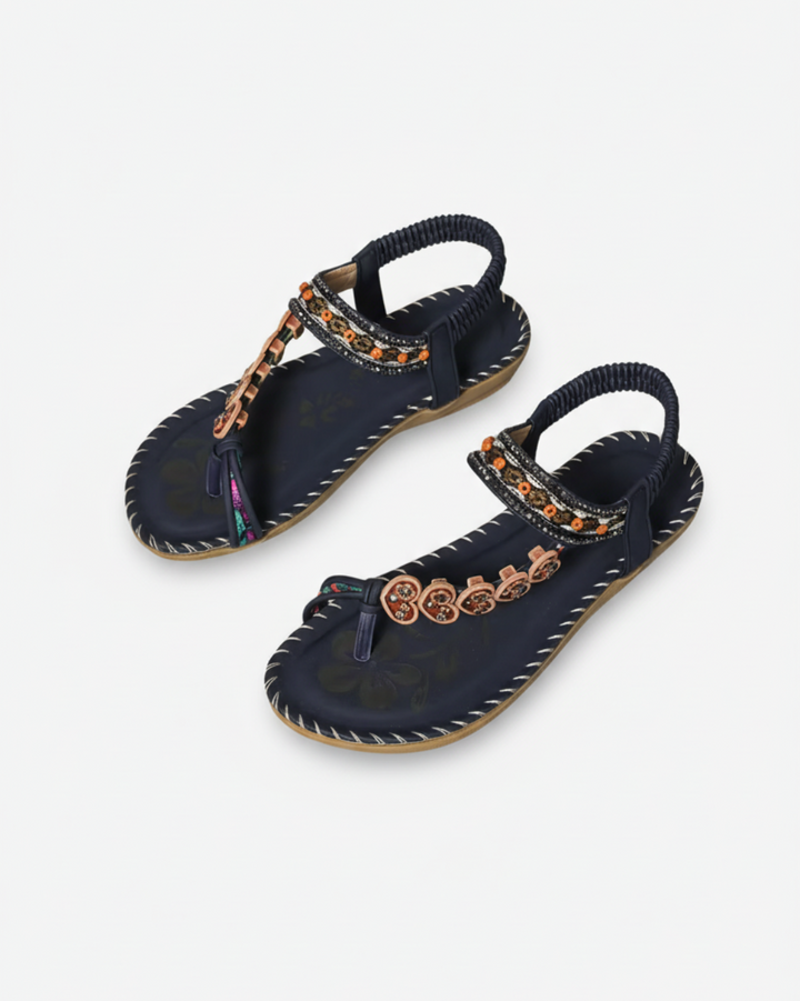 Thong Sandals Beaded Flower Elastic Ankle Strap Slip On