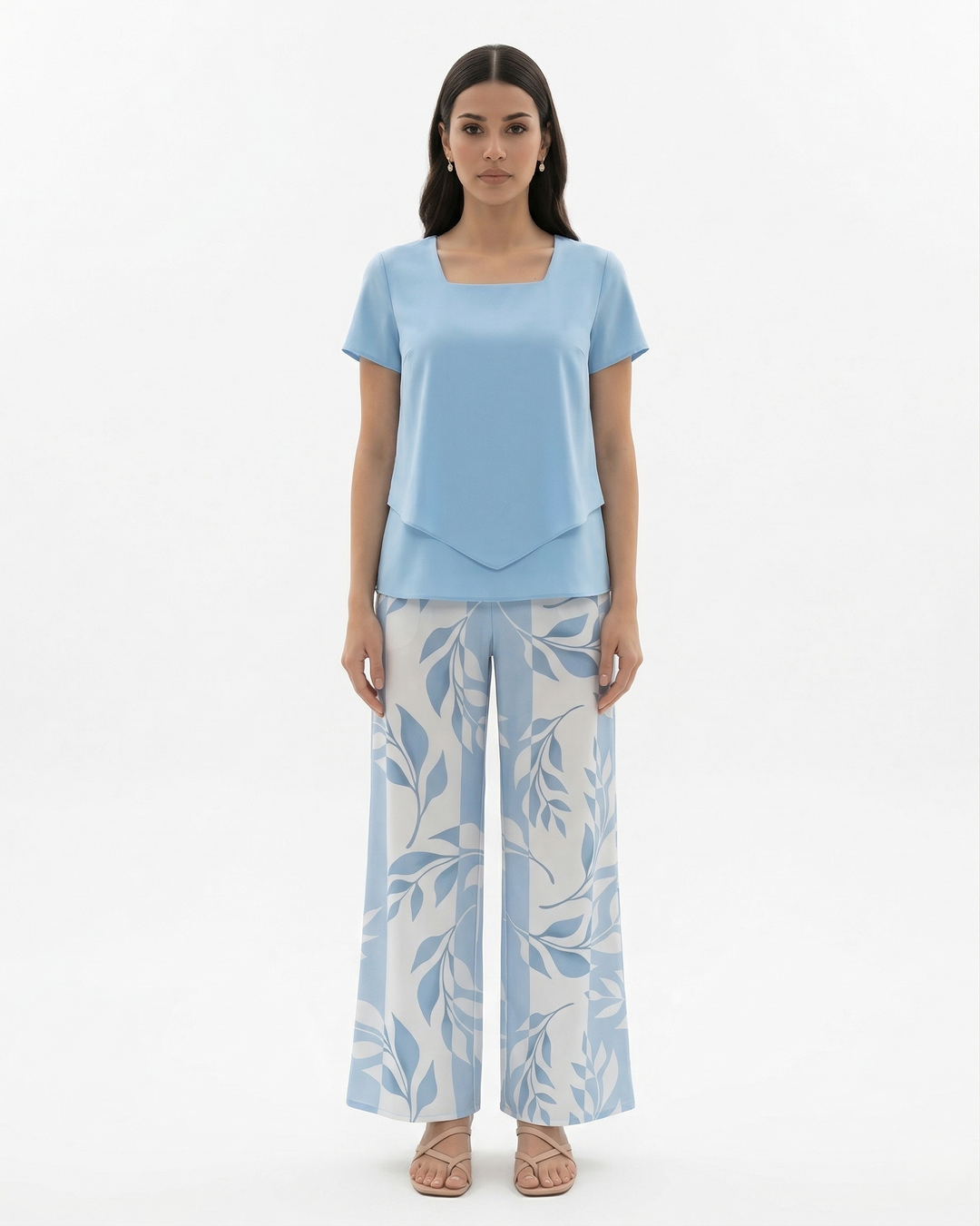 Two Piece Set Short Sleeve Top and Wide Leg Printed Pants