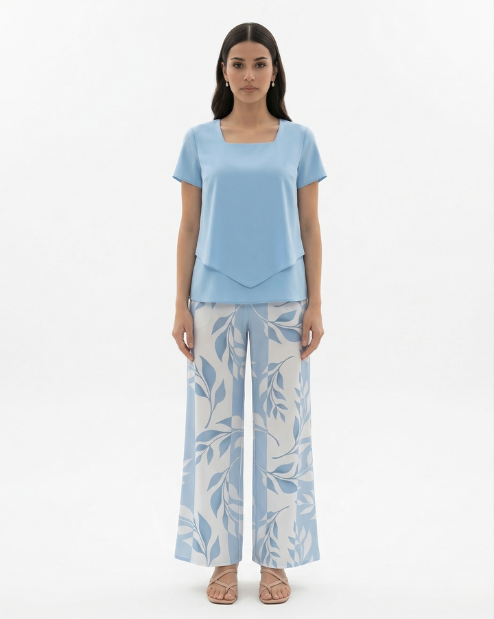 Two Piece Set Short Sleeve Top and Wide Leg Printed Pants