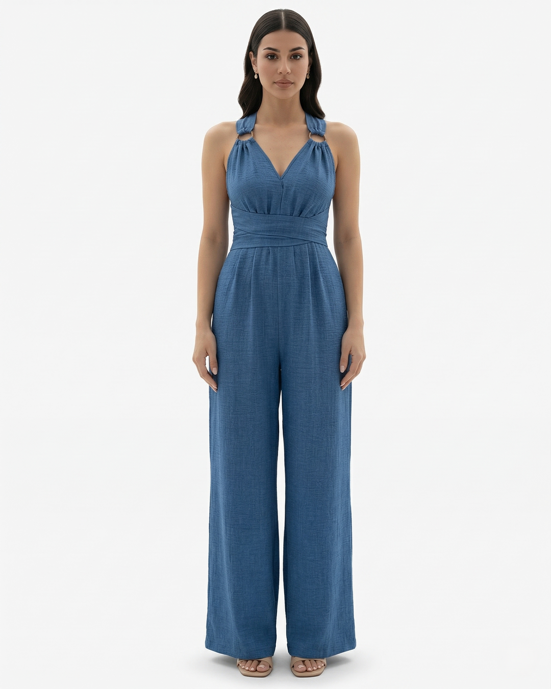 Wide Leg Jumpsuit Sleeveless V Neck Tie Waist Crisscross Back