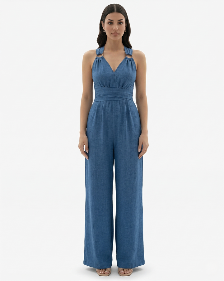 Wide Leg Jumpsuit Sleeveless V Neck Tie Waist Crisscross Back