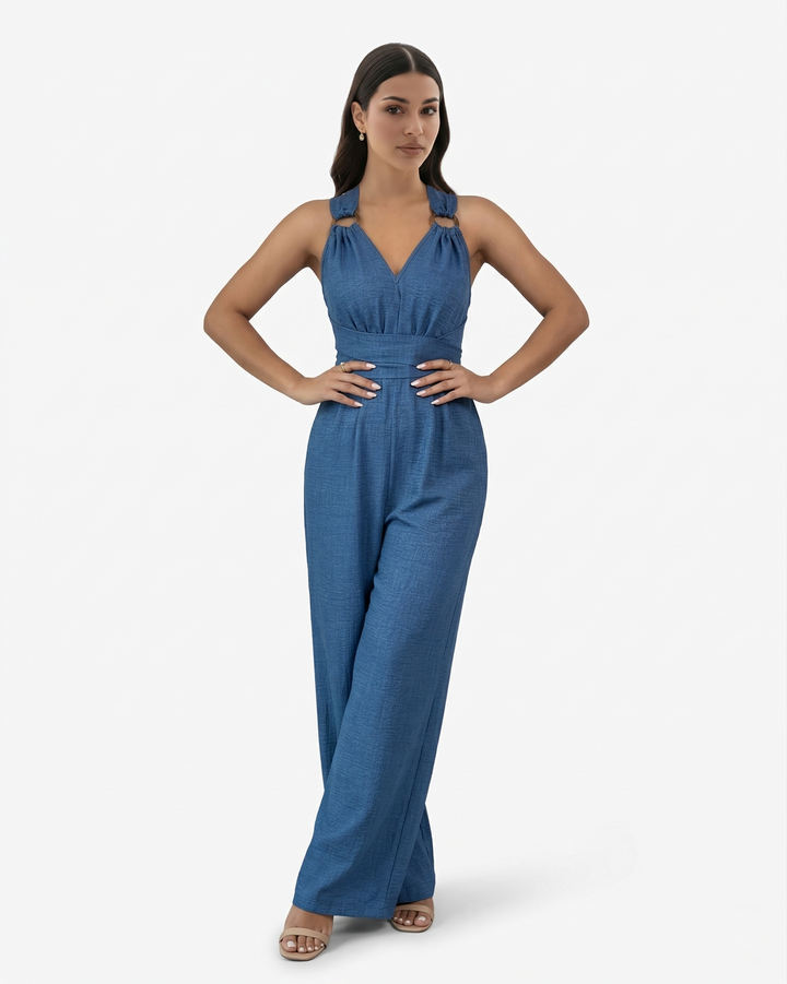 Wide Leg Jumpsuit Sleeveless V Neck Tie Waist Crisscross Back