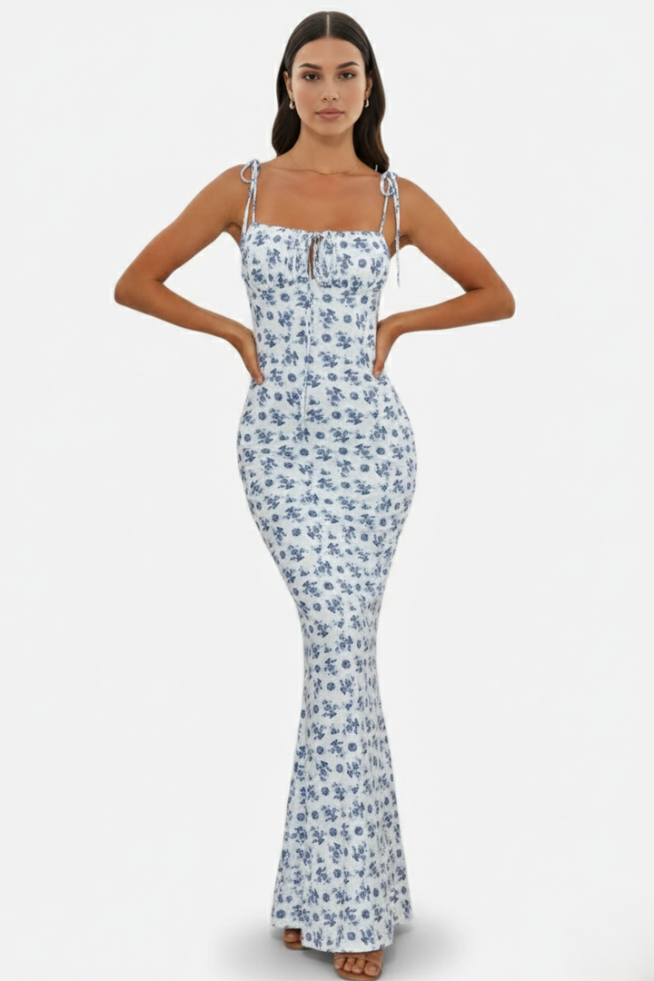 Floral Spaghetti Strap Bodycon Mermaid Maxi Dress Ruched Bodice