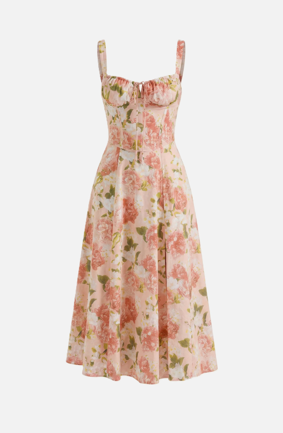 Midi Sundress Floral Print Ruched Bust Tie Front A-Line Skirt