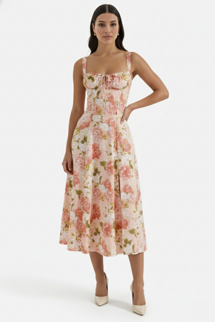 Midi Sundress Floral Print Ruched Bust Tie Front A-Line Skirt