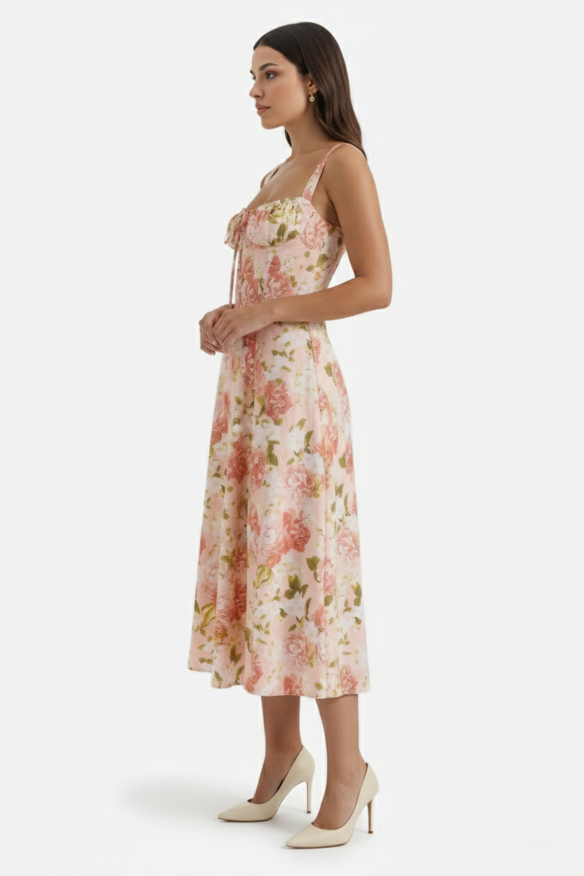 Midi Sundress Floral Print Ruched Bust Tie Front A-Line Skirt