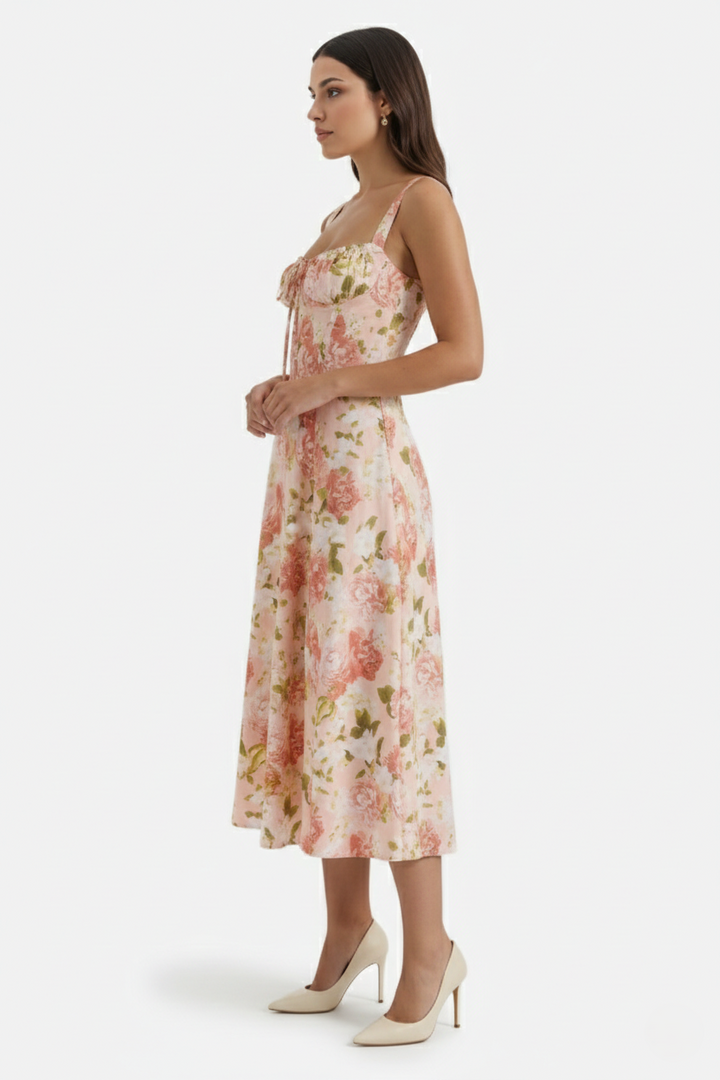Midi Sundress Floral Print Ruched Bust Tie Front A-Line Skirt