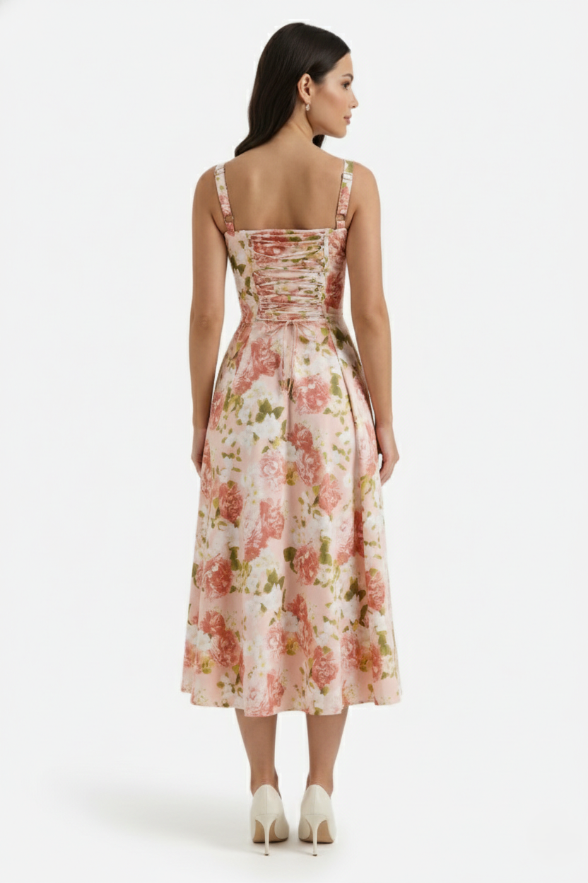 Midi Sundress Floral Print Ruched Bust Tie Front A-Line Skirt