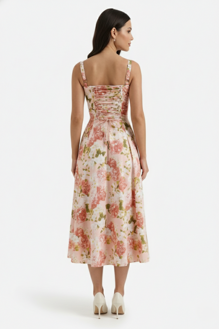 Midi Sundress Floral Print Ruched Bust Tie Front A-Line Skirt