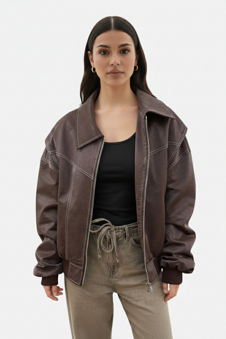 Faux Leather Zip Up Bomber Jacket with Ribbed Cuffs