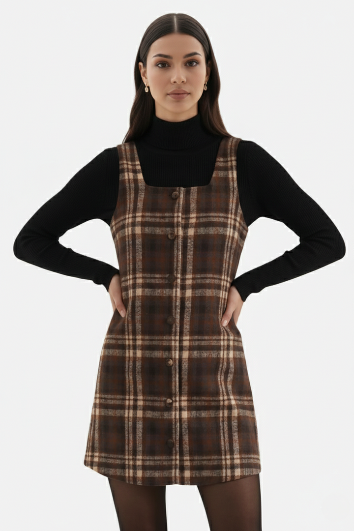 Pinafore Dress Square Neck Checked Print with Button Front Shift Style