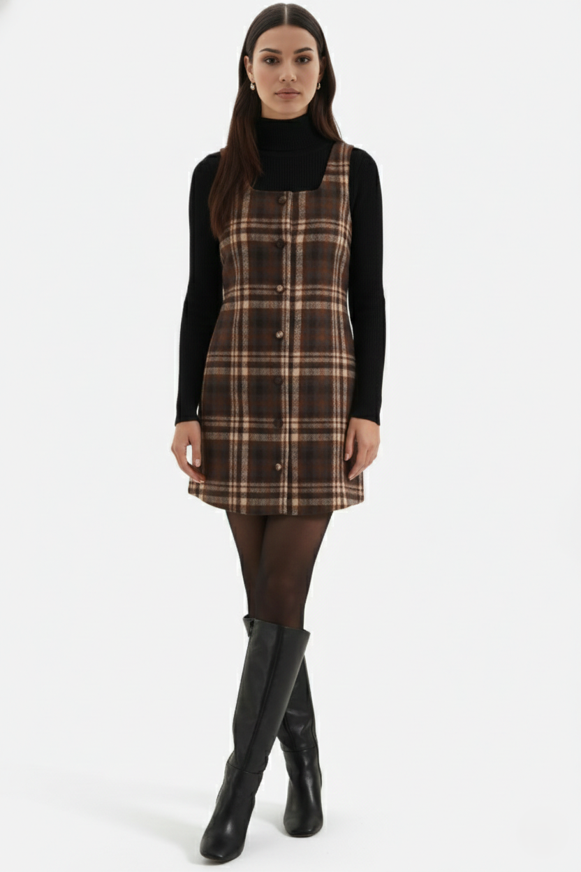 Pinafore Dress Square Neck Checked Print with Button Front Shift Style
