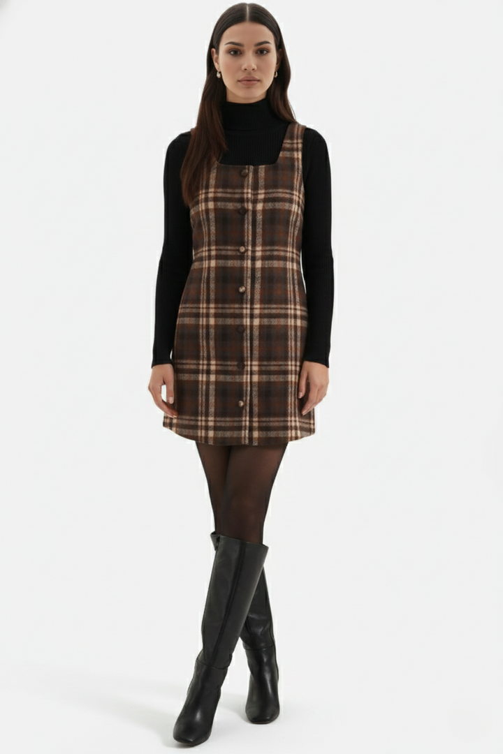 Pinafore Dress Square Neck Checked Print with Button Front Shift Style
