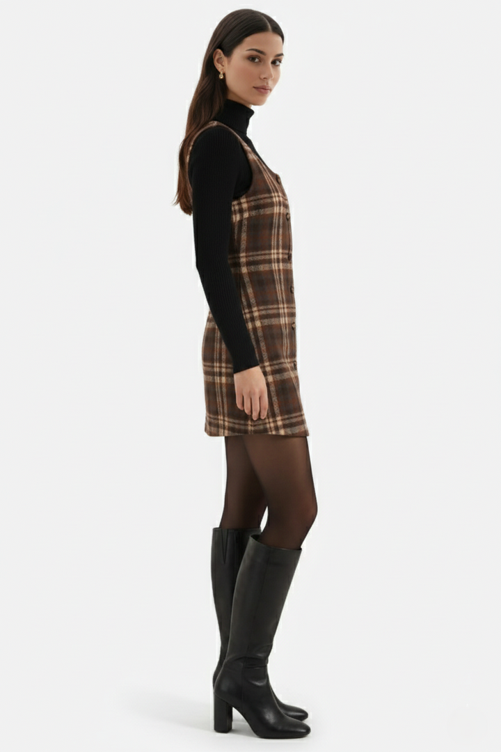 Pinafore Dress Square Neck Checked Print with Button Front Shift Style