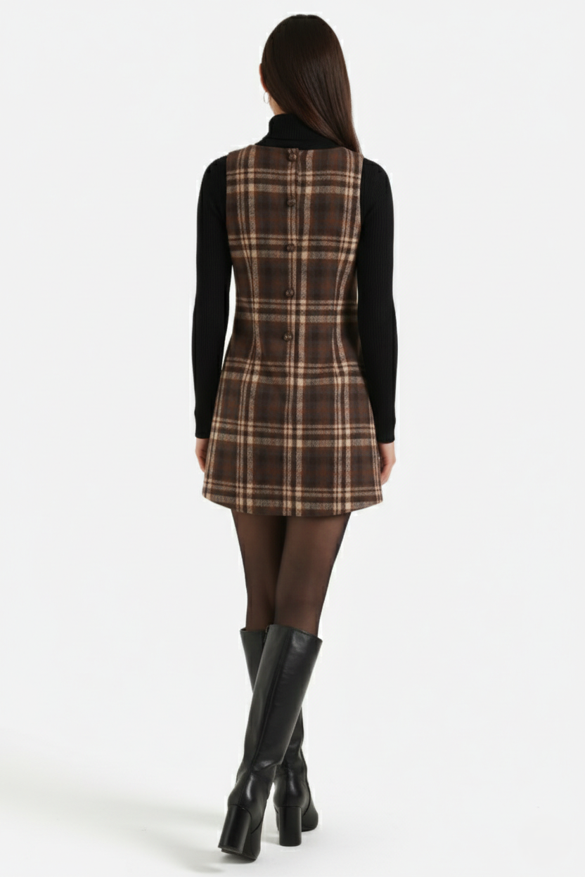 Pinafore Dress Square Neck Checked Print with Button Front Shift Style