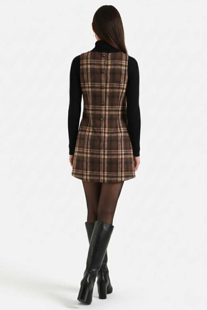 Pinafore Dress Square Neck Checked Print with Button Front Shift Style