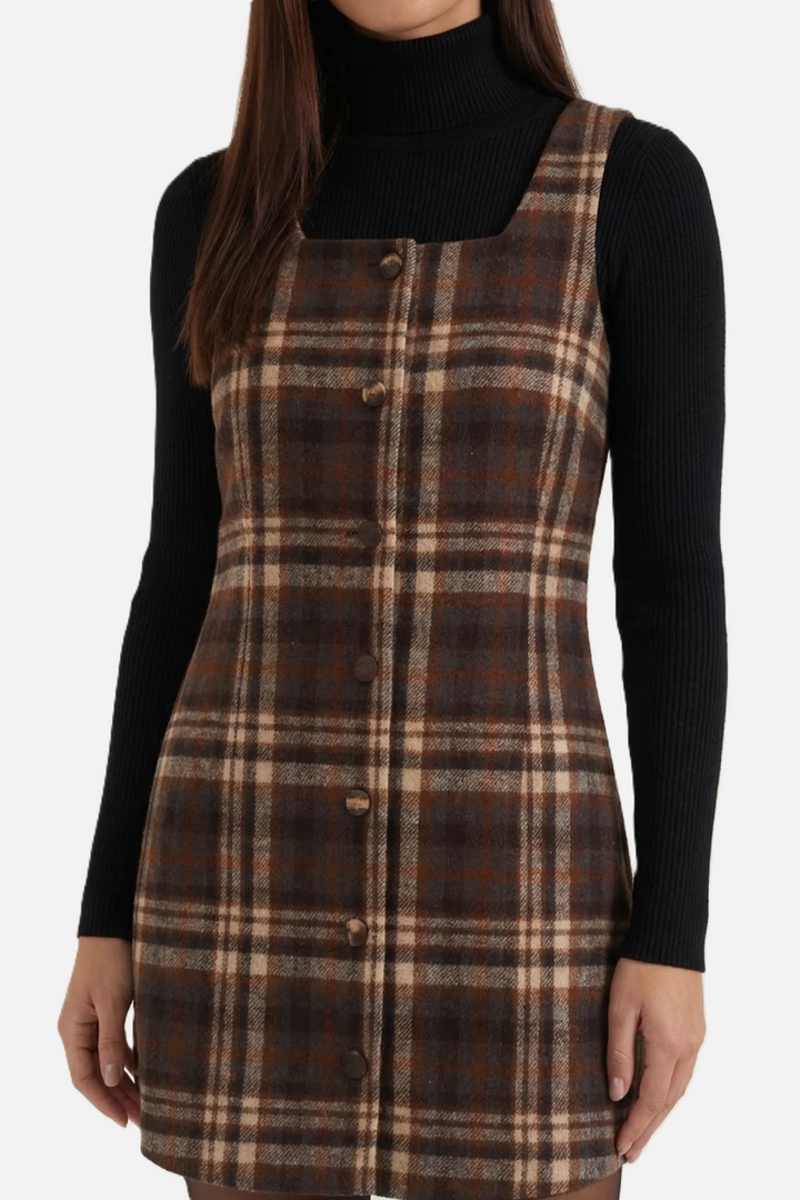 Pinafore Dress Square Neck Checked Print with Button Front Shift Style