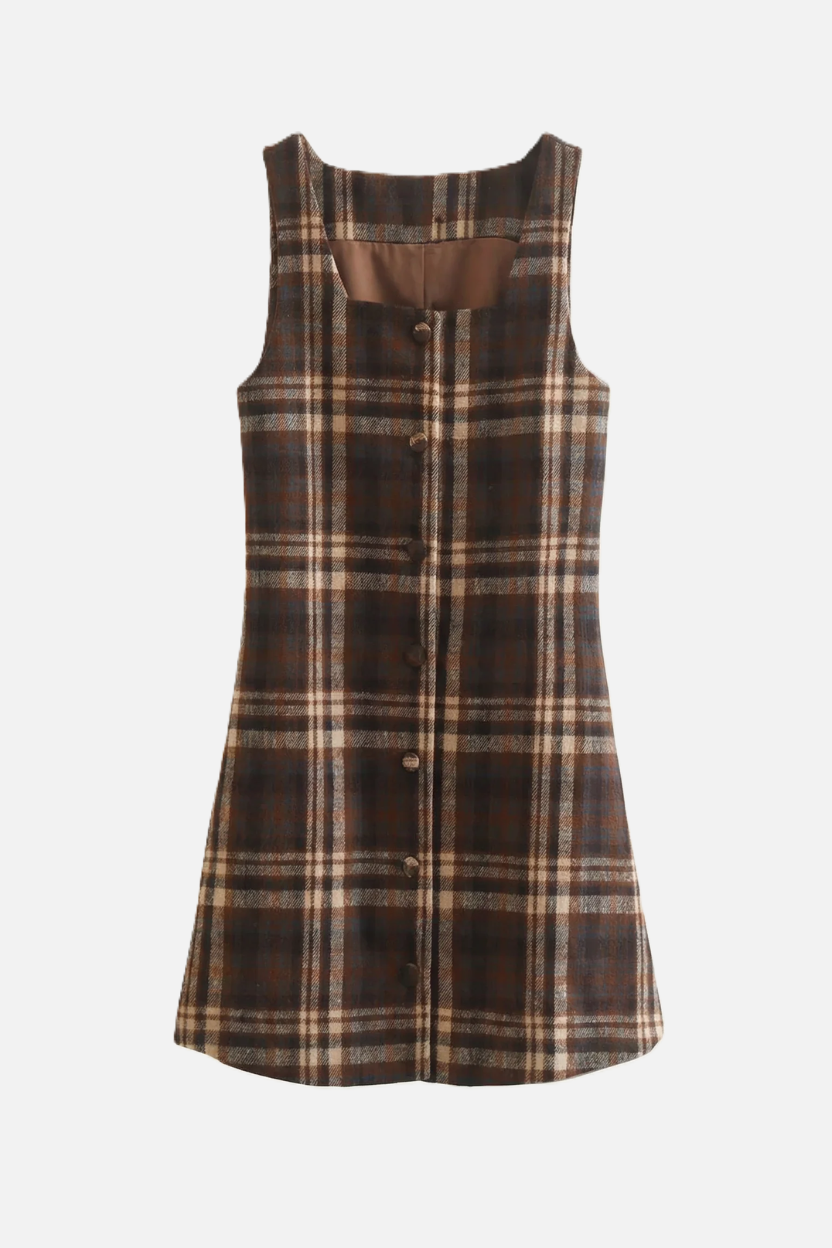 Pinafore Dress Square Neck Checked Print with Button Front Shift Style