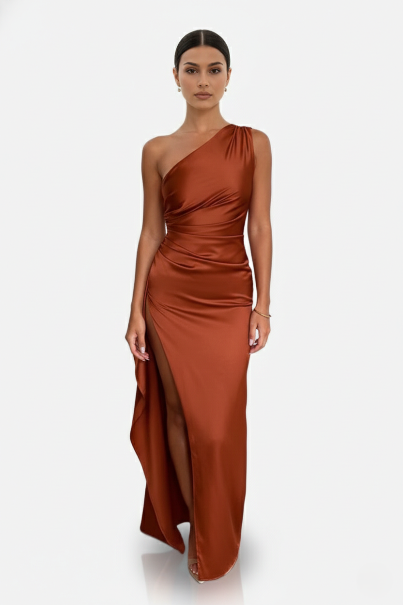 Satin One-Shoulder Maxi Dress High Side Slit