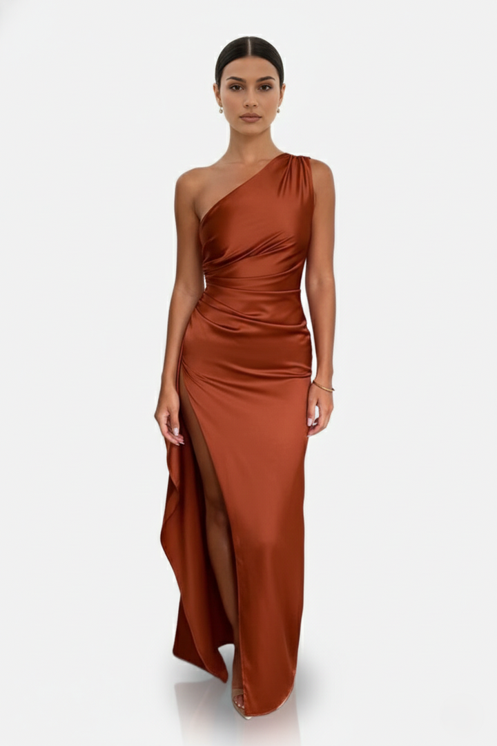 Satin One-Shoulder Maxi Dress High Side Slit