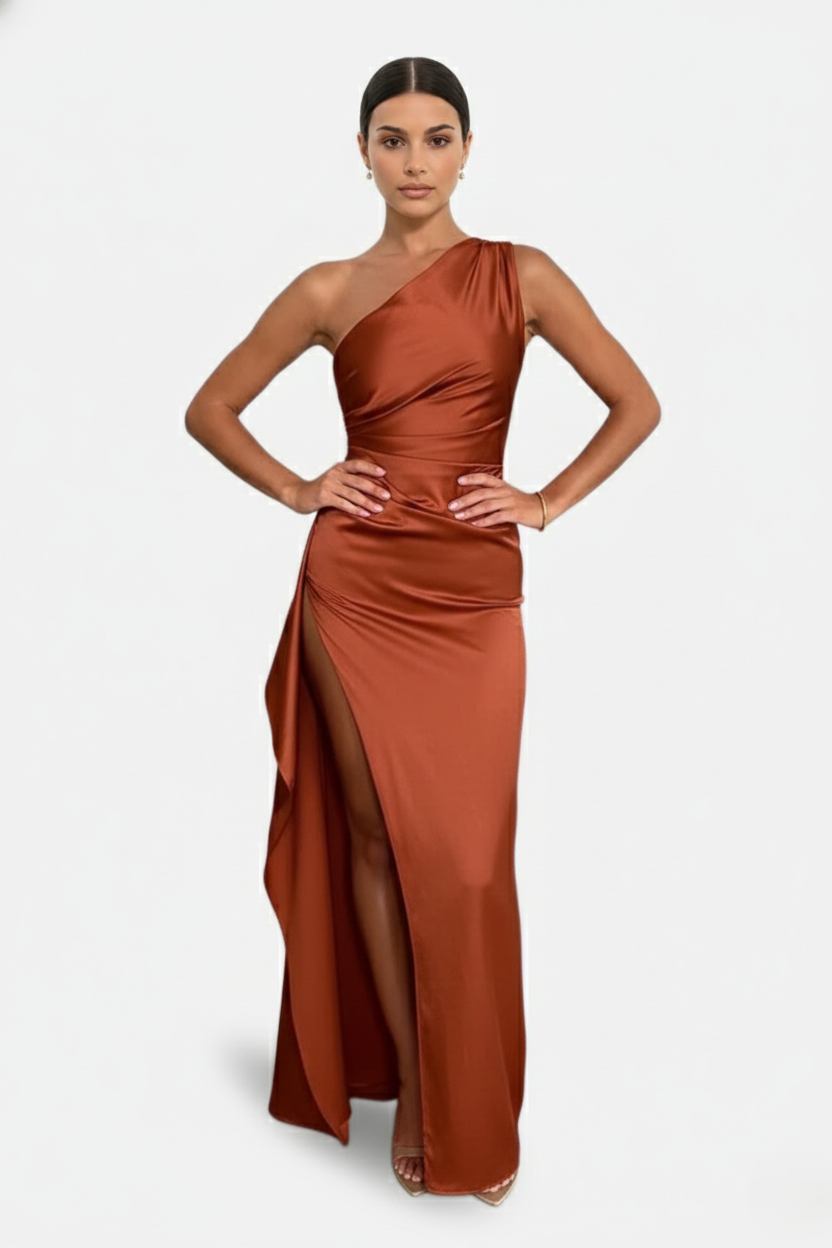 Satin One-Shoulder Maxi Dress High Side Slit